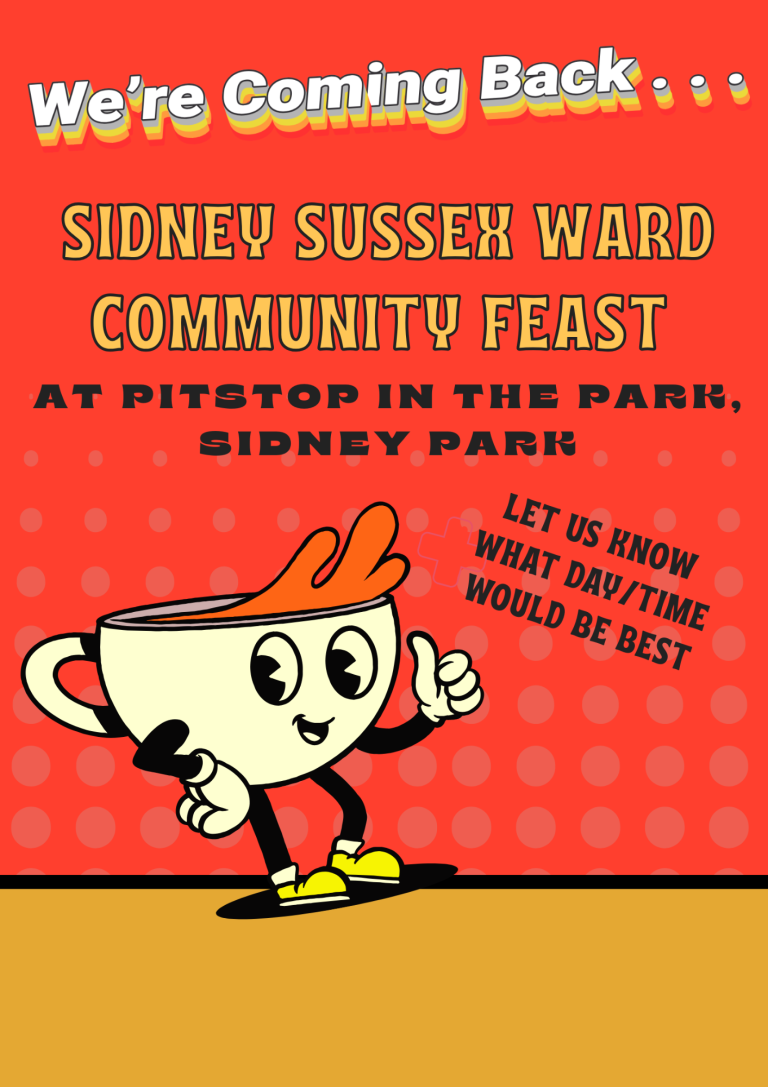 Cartoon character with a cup promoting a community feast at Sidney Park.