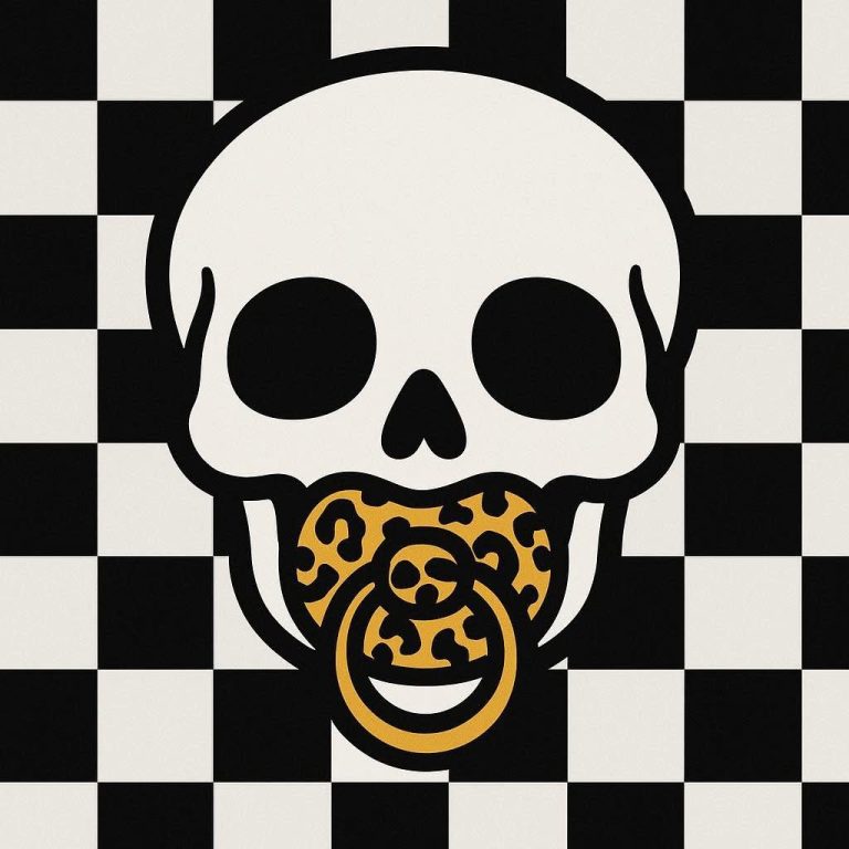 Skull with a leopard-print pacifier on a black and white checkered background.